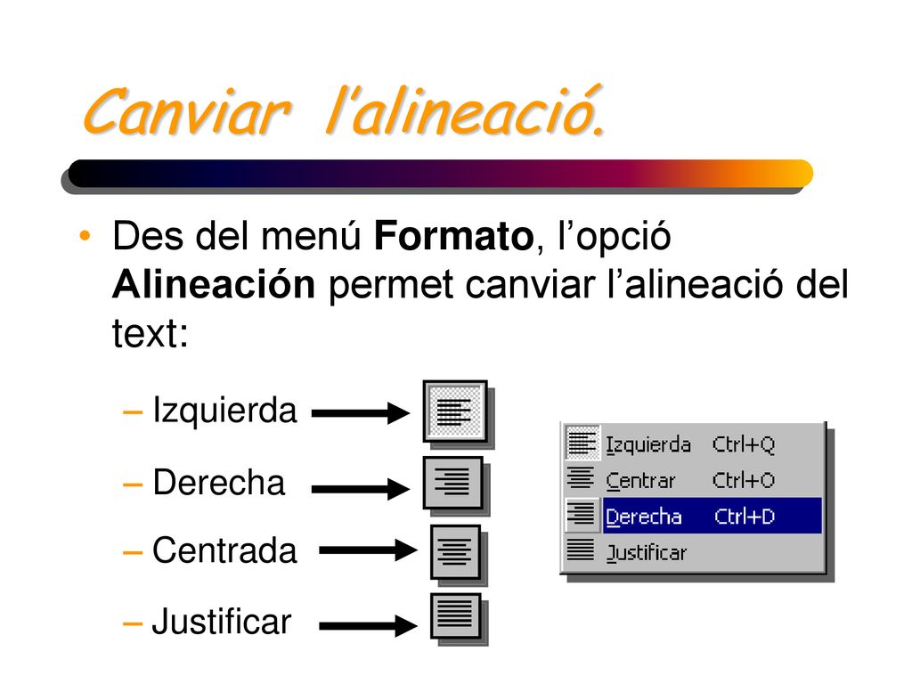 Canviar l’alineació. Des del menú Formato, l’opció Alineación permet canviar l’alineació del text: