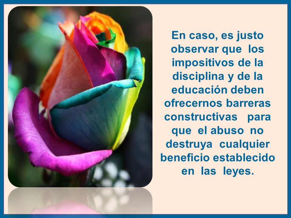 En caso, es justo observar que los impositivos de la disciplina y de la educación deben ofrecernos barreras constructivas para que el abuso no destruya cualquier beneficio establecido en las leyes.