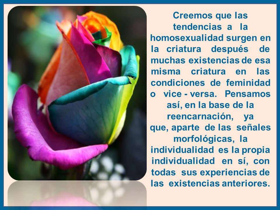 Creemos que las tendencias a la homosexualidad surgen en la criatura después de muchas existencias de esa misma criatura en las condiciones de feminidad o vice - versa.