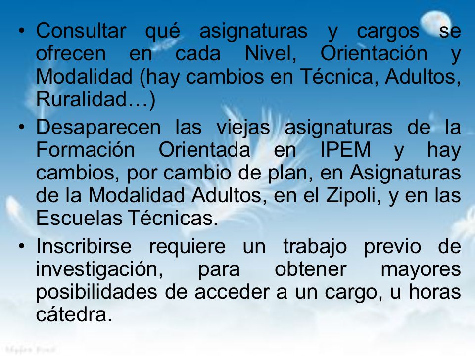 Consultar qué asignaturas y cargos se ofrecen en cada Nivel, Orientación y Modalidad (hay cambios en Técnica, Adultos, Ruralidad…)