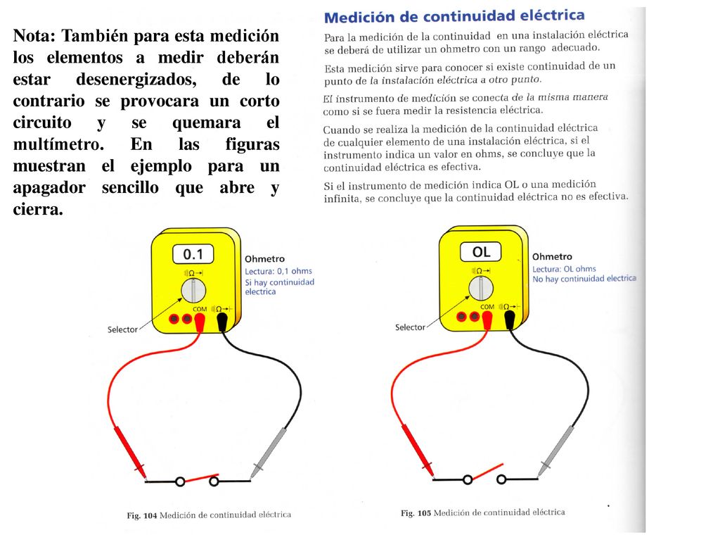 Nota: También para esta medición los elementos a medir deberán estar desenergizados, de lo contrario se provocara un corto circuito y se quemara el multímetro.