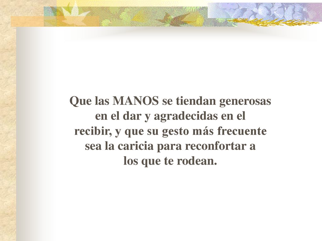Que las MANOS se tiendan generosas en el dar y agradecidas en el recibir, y que su gesto más frecuente sea la caricia para reconfortar a los que te rodean.