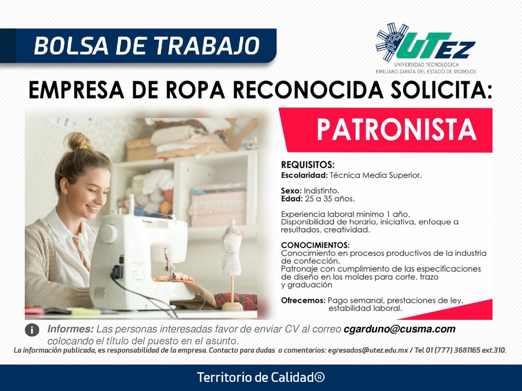 Informes: Las personas interesadas favor de enviar CV al correo