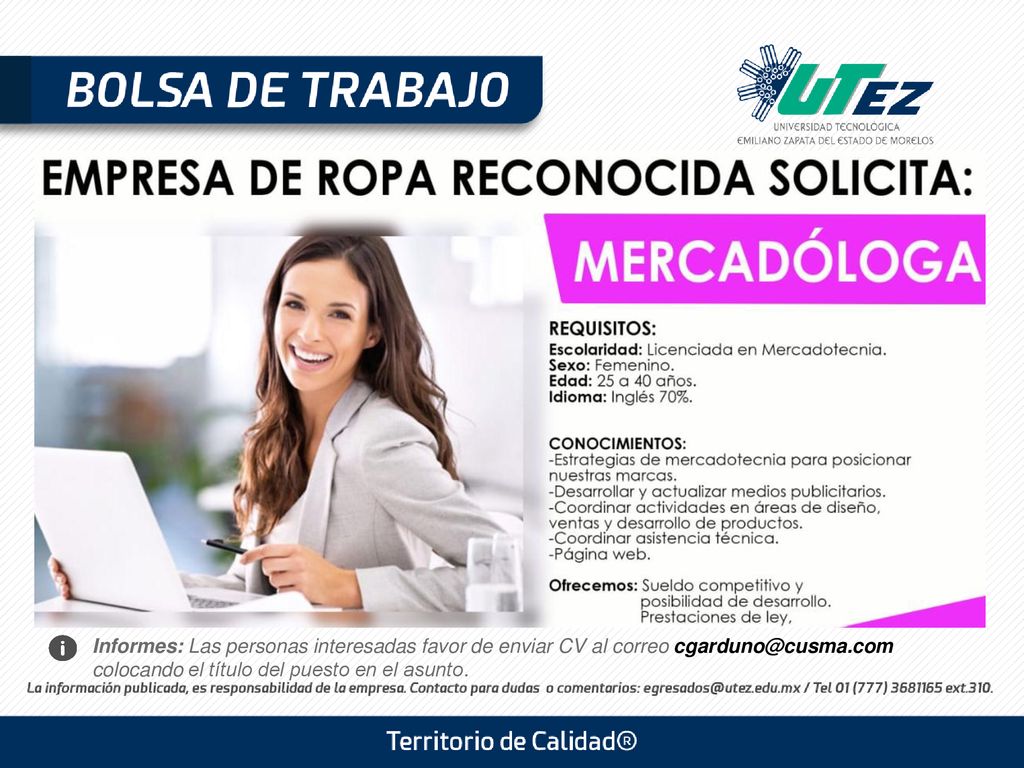 Informes: Las personas interesadas favor de enviar CV al correo