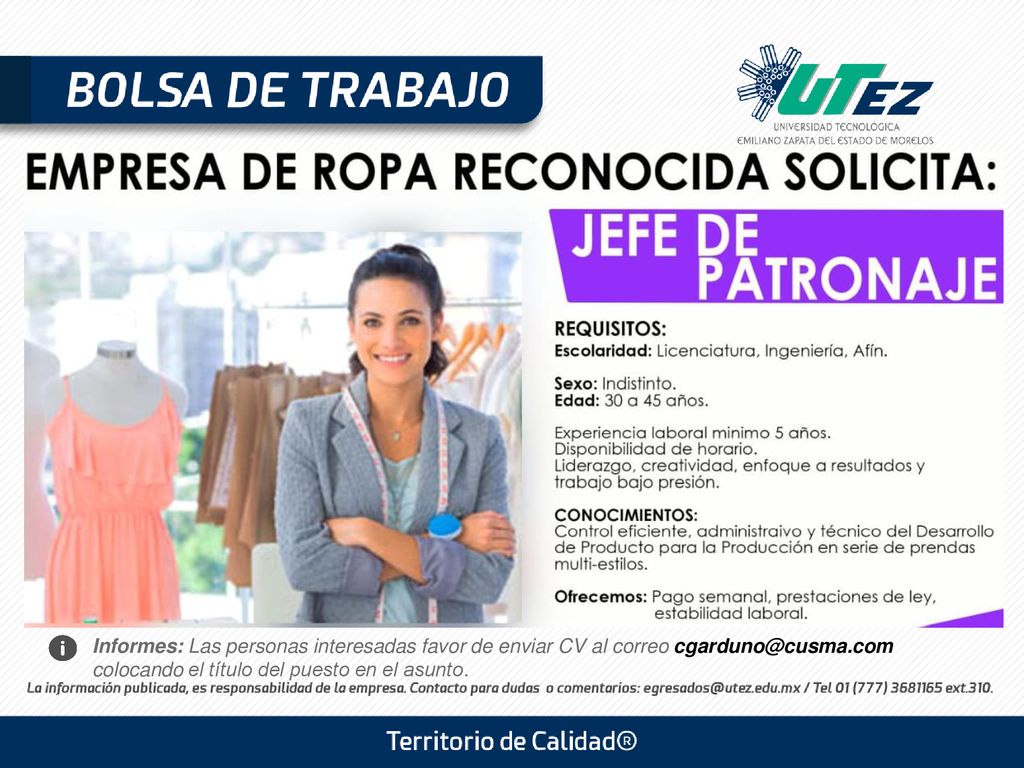 Informes: Las personas interesadas favor de enviar CV al correo