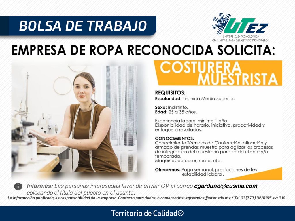 Informes: Las personas interesadas favor de enviar CV al correo