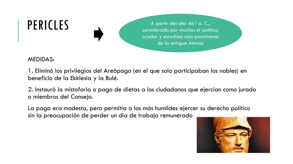 pericles A partir del año 461 a. C., considerado por muchos el político, orador y estadista más prominente de la antigua Atenas.