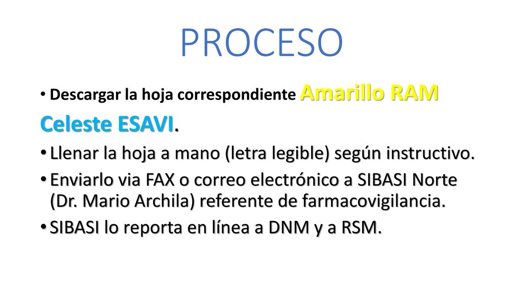PROCESO Descargar la hoja correspondiente Amarillo RAM. Celeste ESAVI. Llenar la hoja a mano (letra legible) según instructivo.