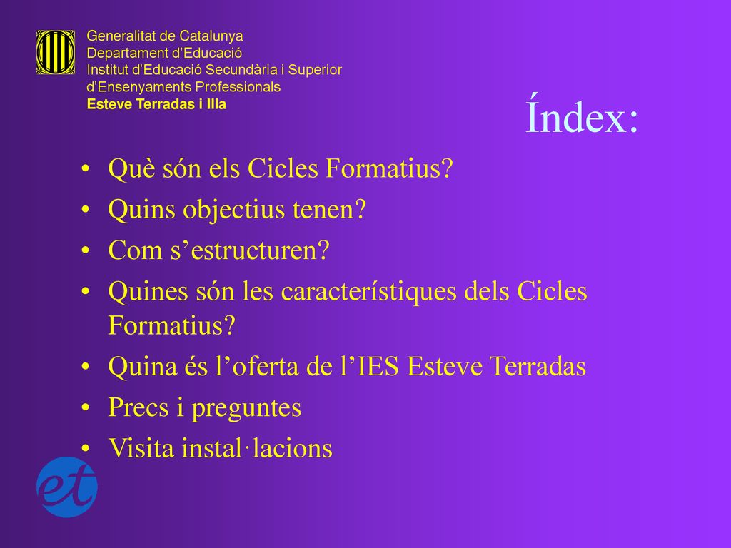 Índex: Què són els Cicles Formatius Quins objectius tenen