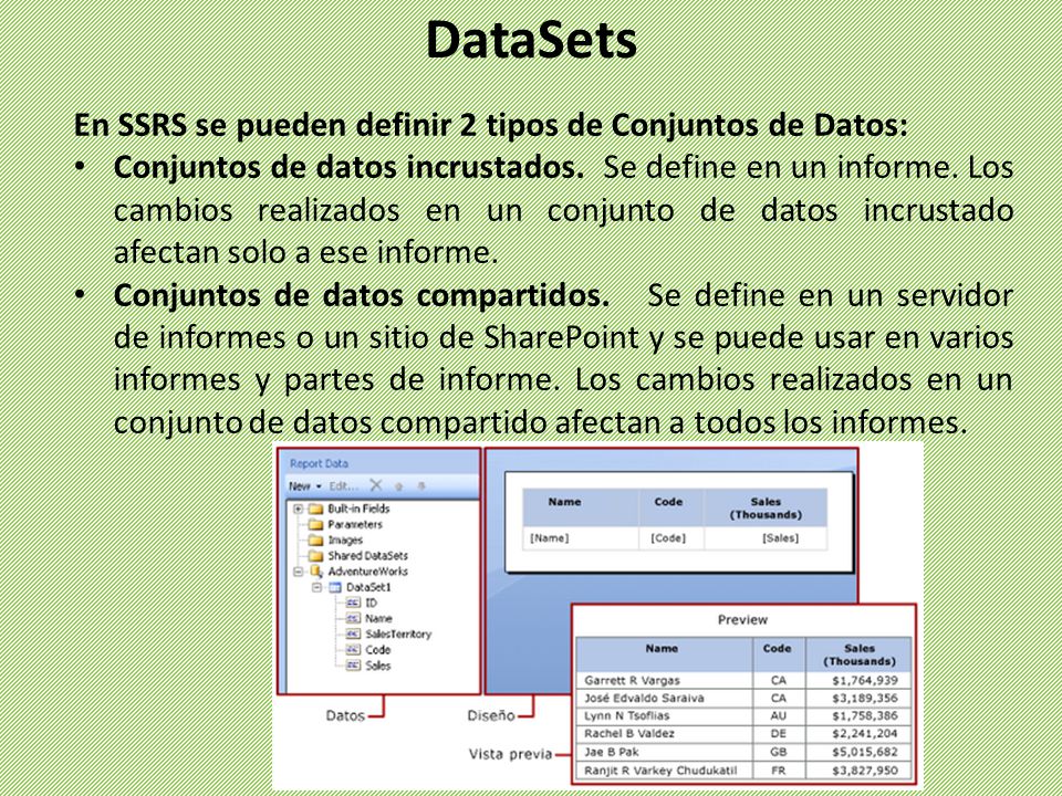 DataSets En SSRS se pueden definir 2 tipos de Conjuntos de Datos: