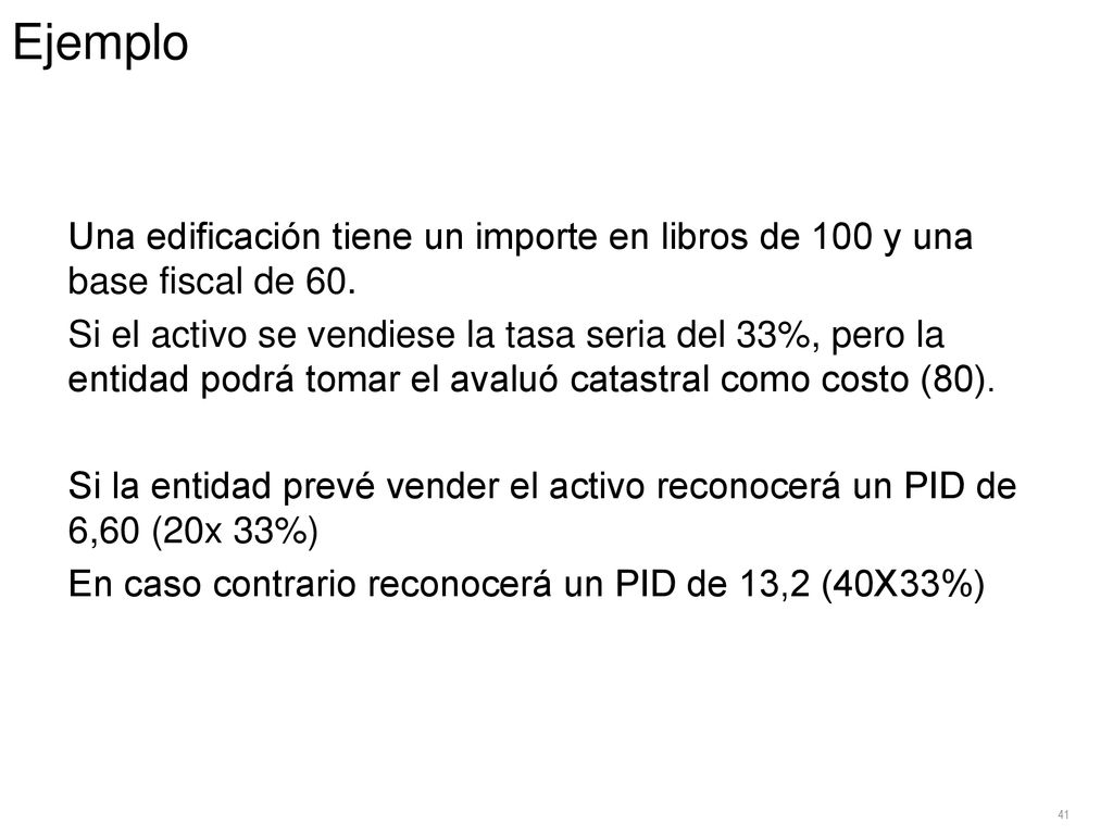 Ejemplo Una edificación tiene un importe en libros de 100 y una base fiscal de 60.