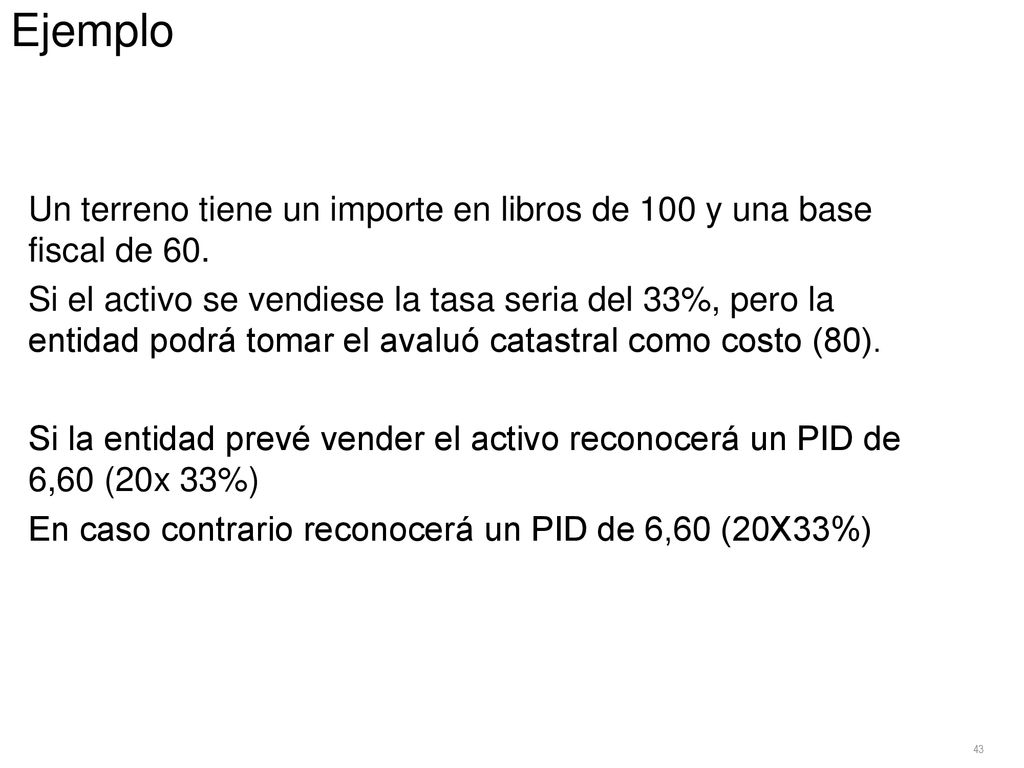 Ejemplo Un terreno tiene un importe en libros de 100 y una base fiscal de 60.