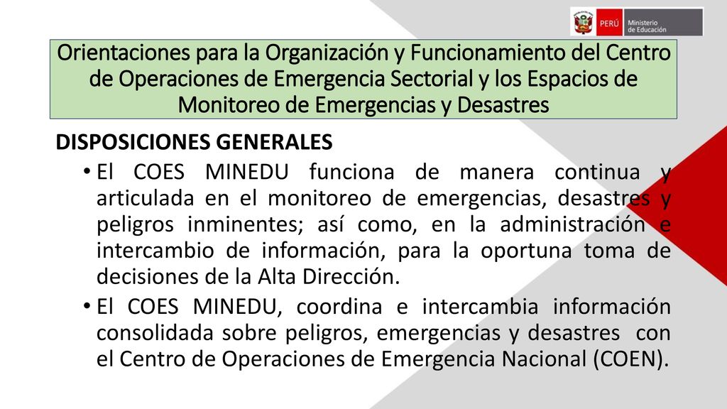 Orientaciones para la Organización y Funcionamiento del Centro de Operaciones de Emergencia Sectorial y los Espacios de Monitoreo de Emergencias y Desastres