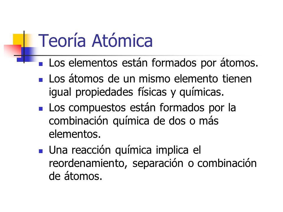 Teoría Atómica Los elementos están formados por átomos.