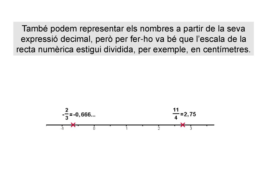 També podem representar els nombres a partir de la seva expressió decimal, però per fer-ho va bé que l’escala de la recta numèrica estigui dividida, per exemple, en centímetres.