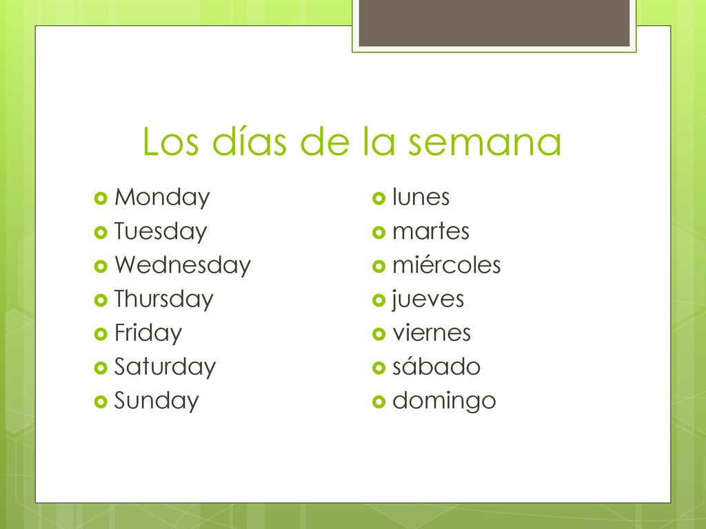 Los días de la semana Monday Tuesday Wednesday Thursday Friday