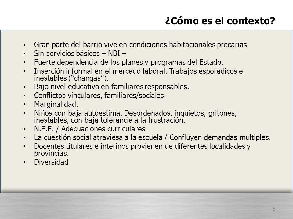¿Cómo es el contexto Gran parte del barrio vive en condiciones habitacionales precarias. Sin servicios básicos – NBI –