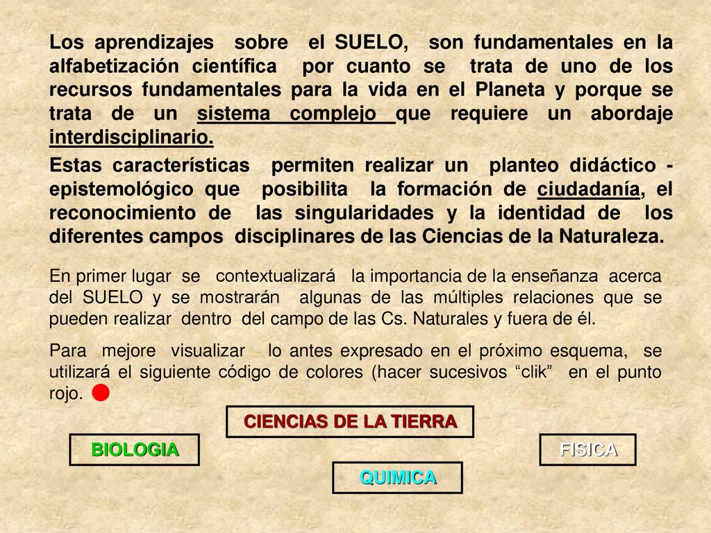 Los aprendizajes sobre el SUELO, son fundamentales en la alfabetización científica por cuanto se trata de uno de los recursos fundamentales para la vida en el Planeta y porque se trata de un sistema complejo que requiere un abordaje interdisciplinario.