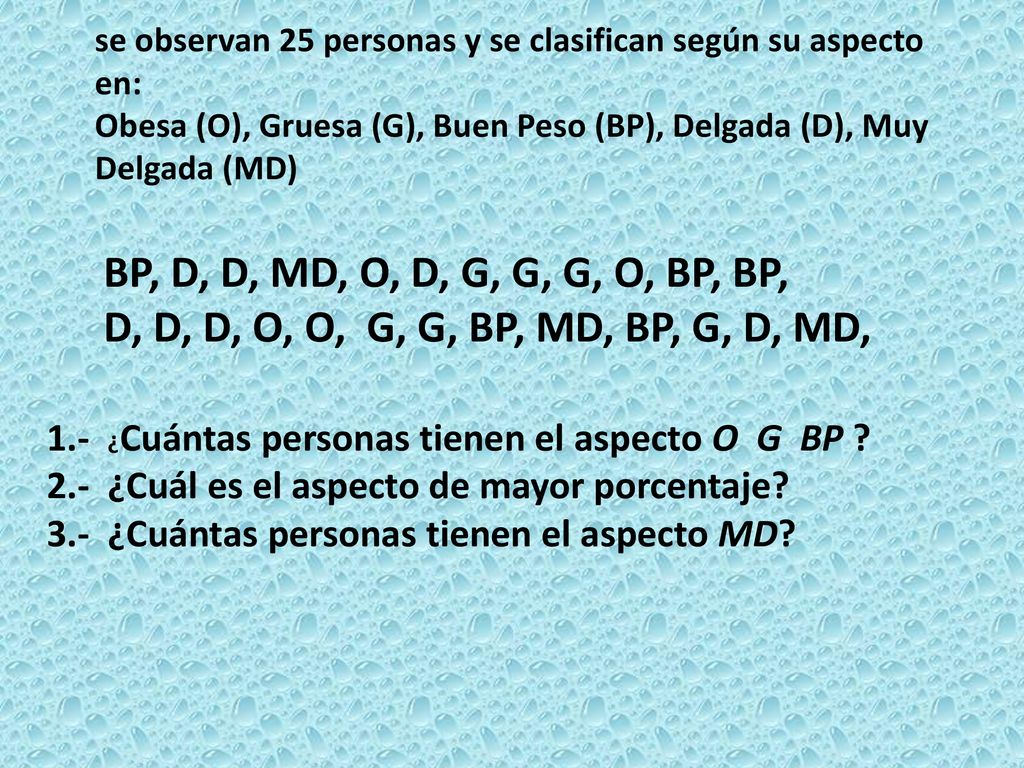 se observan 25 personas y se clasifican según su aspecto en: Obesa (O), Gruesa (G), Buen Peso (BP), Delgada (D), Muy Delgada (MD)