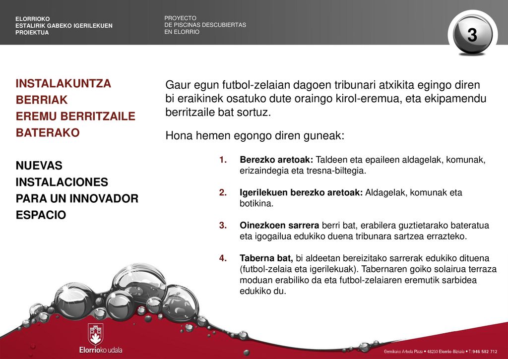 ELORRIOKO ESTALIRIK GABEKO IGERILEKUEN. PROIEKTUA. PROYECTO. DE PISCINAS DESCUBIERTAS. EN ELORRIO.