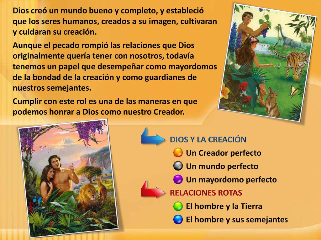 Dios creó un mundo bueno y completo, y estableció que los seres humanos, creados a su imagen, cultivaran y cuidaran su creación.