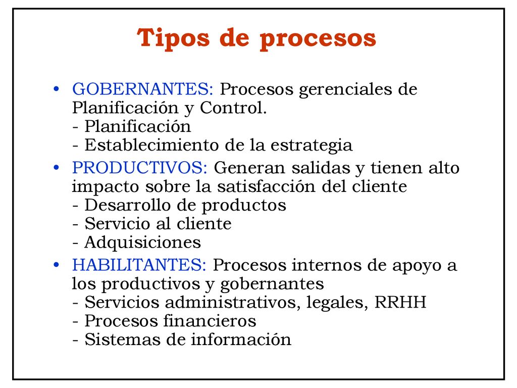 Tipos de procesos GOBERNANTES: Procesos gerenciales de Planificación y Control. - Planificación - Establecimiento de la estrategia.