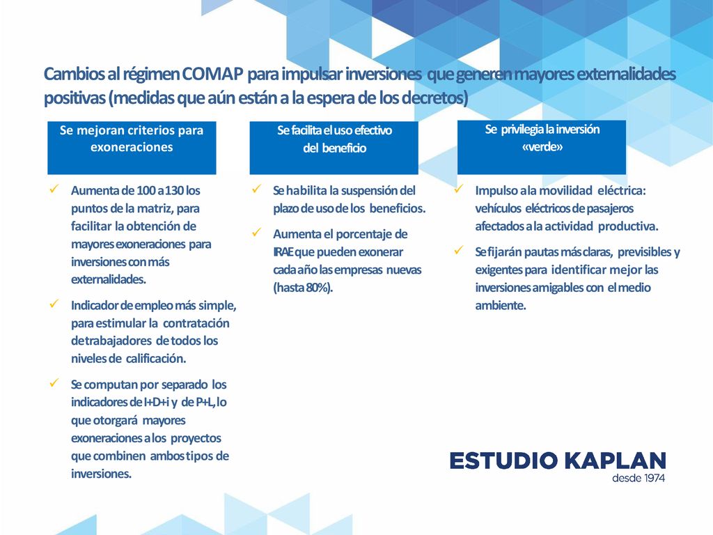 Cambios al régimen COMAP para impulsar inversiones que generen mayores externalidades positivas (medidas que aún están a la espera de los decretos)