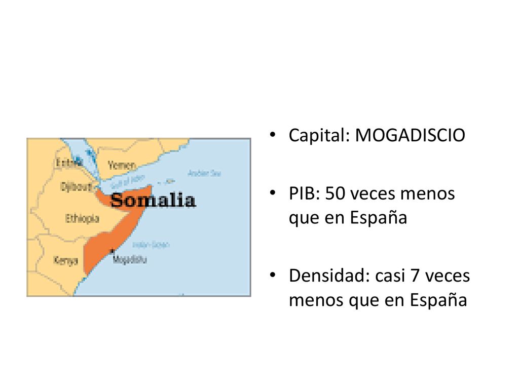 Capital: MOGADISCIO PIB: 50 veces menos que en España Densidad: casi 7 veces menos que en España