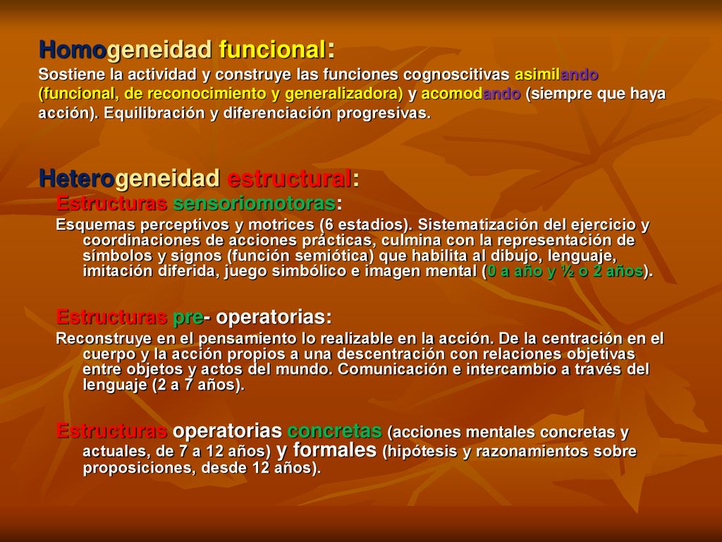 Homogeneidad funcional: Sostiene la actividad y construye las funciones cognoscitivas asimilando (funcional, de reconocimiento y generalizadora) y acomodando (siempre que haya acción). Equilibración y diferenciación progresivas. Heterogeneidad estructural: