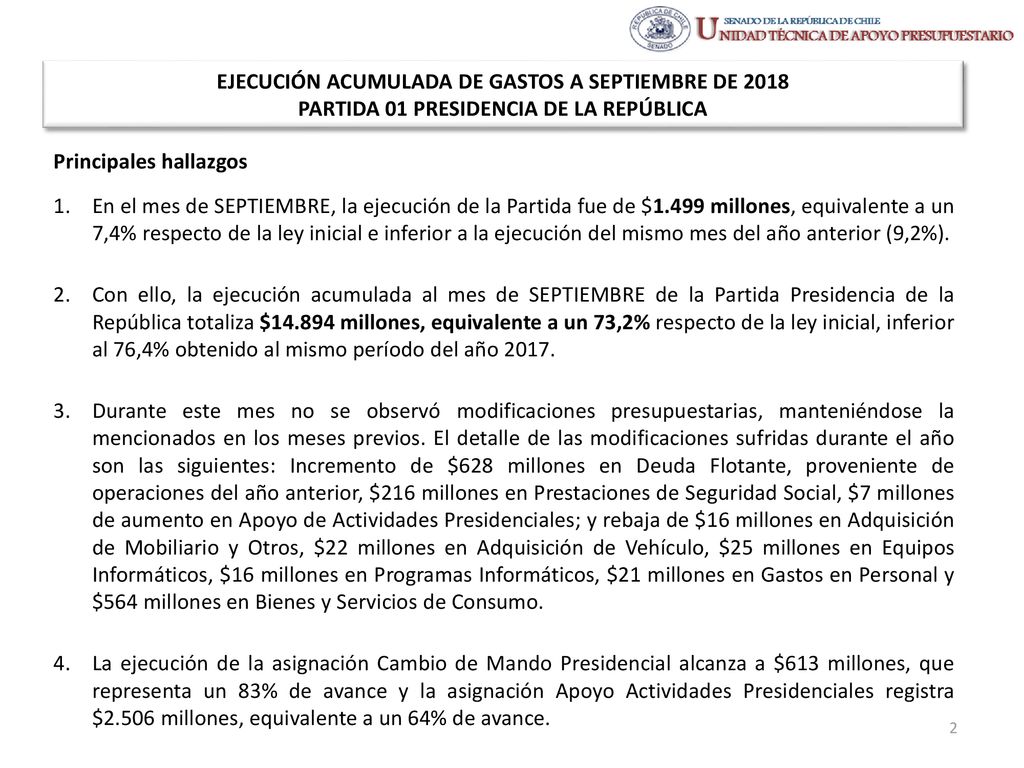 EJECUCIÓN ACUMULADA DE GASTOS A SEPTIEMBRE DE 2018 PARTIDA 01 PRESIDENCIA DE LA REPÚBLICA