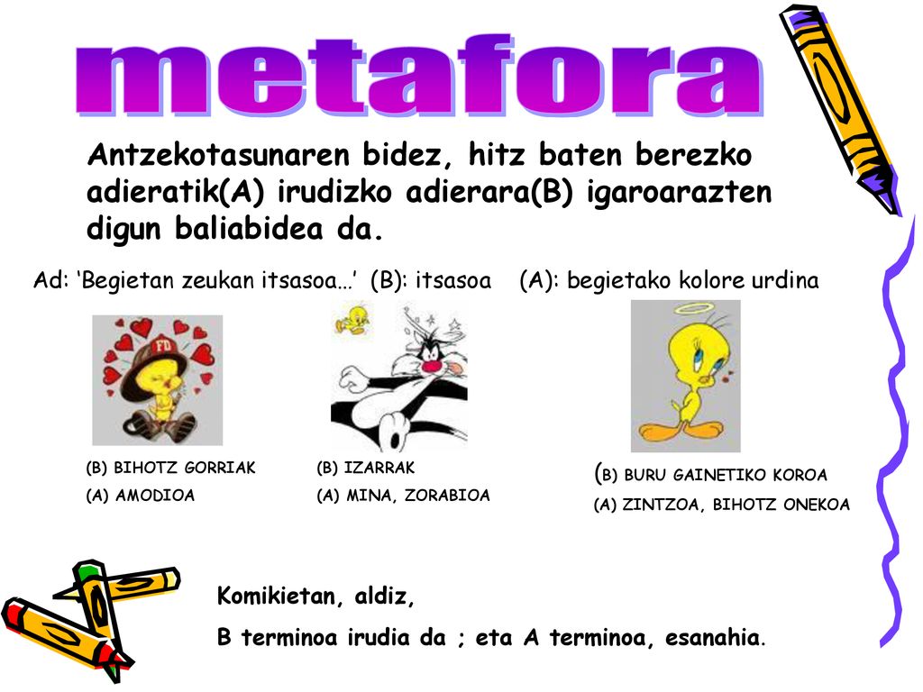 metafora Antzekotasunaren bidez, hitz baten berezko adieratik(A) irudizko adierara(B) igaroarazten digun baliabidea da.