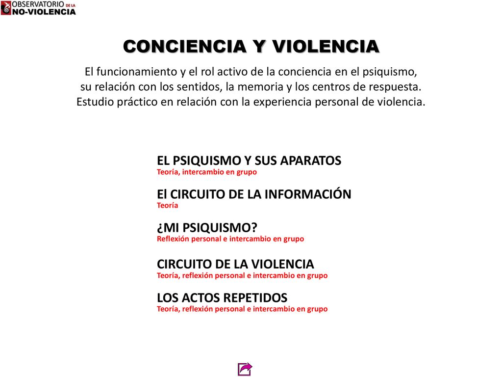 CONCIENCIA Y VIOLENCIA El funcionamiento y el rol activo de la conciencia en el psiquismo, su relación con los sentidos, la memoria y los centros de respuesta. Estudio práctico en relación con la experiencia personal de violencia.