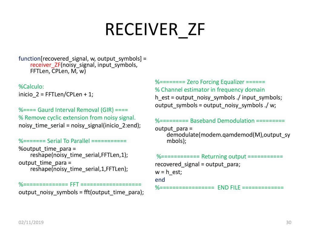 RECEIVER_ZF function[recovered_signal, w, output_symbols] = receiver_ZF(noisy_signal, input_symbols, FFTLen, CPLen, M, w)