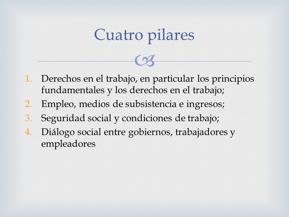 Cuatro pilares Derechos en el trabajo, en particular los principios fundamentales y los derechos en el trabajo;