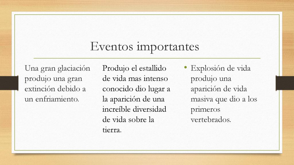 Eventos importantes Una gran glaciación produjo una gran extinción debido a un enfriamiento.