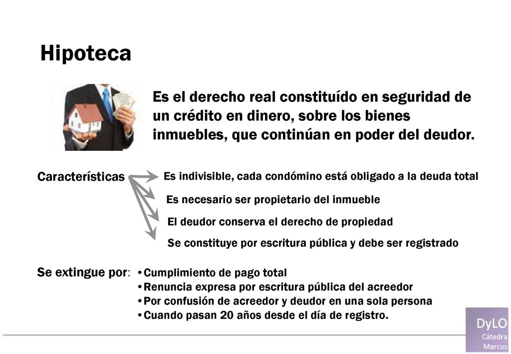 Hipoteca Es el derecho real constituído en seguridad de un crédito en dinero, sobre los bienes inmuebles, que continúan en poder del deudor.