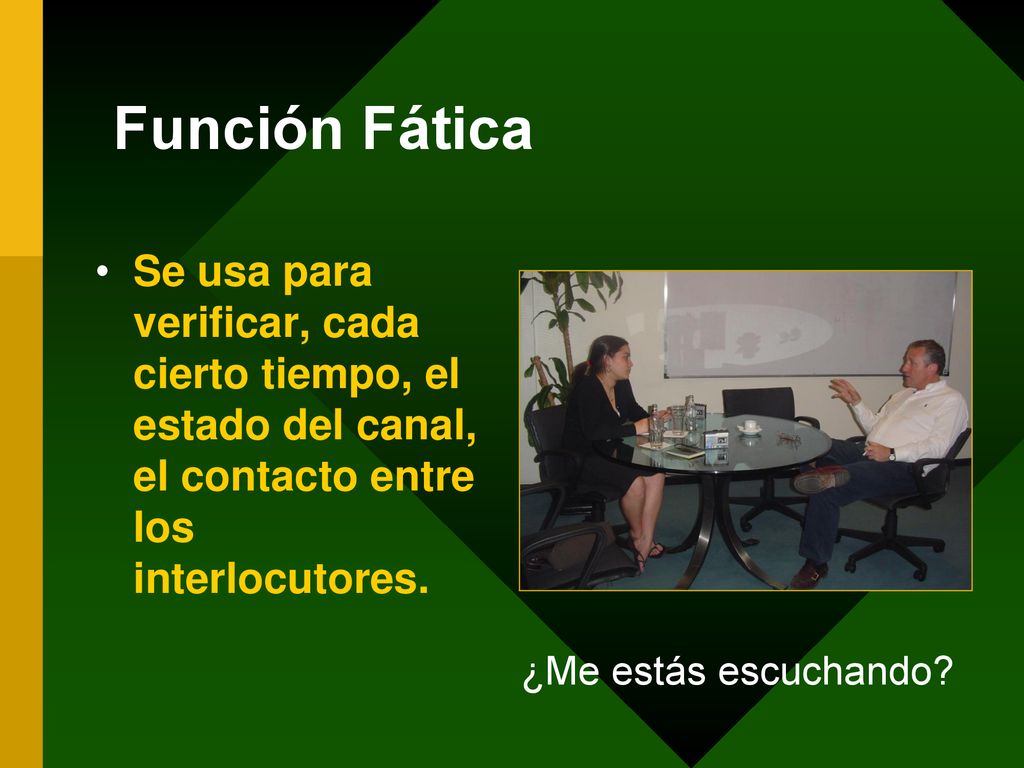 Función Fática Se usa para verificar, cada cierto tiempo, el estado del canal, el contacto entre los interlocutores.