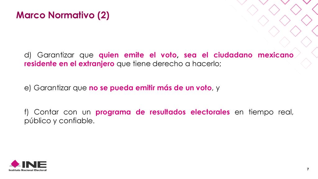Marco Normativo (2) d) Garantizar que quien emite el voto, sea el ciudadano mexicano residente en el extranjero que tiene derecho a hacerlo;