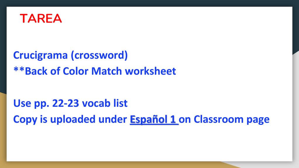 TAREA Crucigrama (crossword) **Back of Color Match worksheet