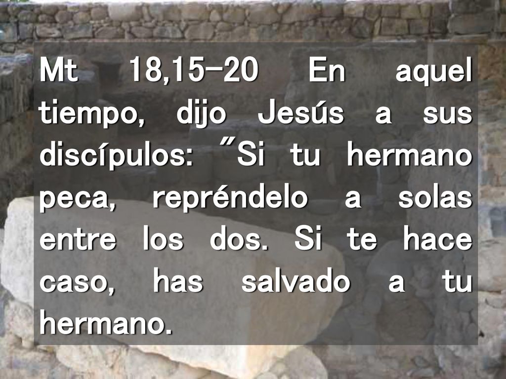 Mt 18,15-20 En aquel tiempo, dijo Jesús a sus discípulos: Si tu hermano peca, repréndelo a solas entre los dos.