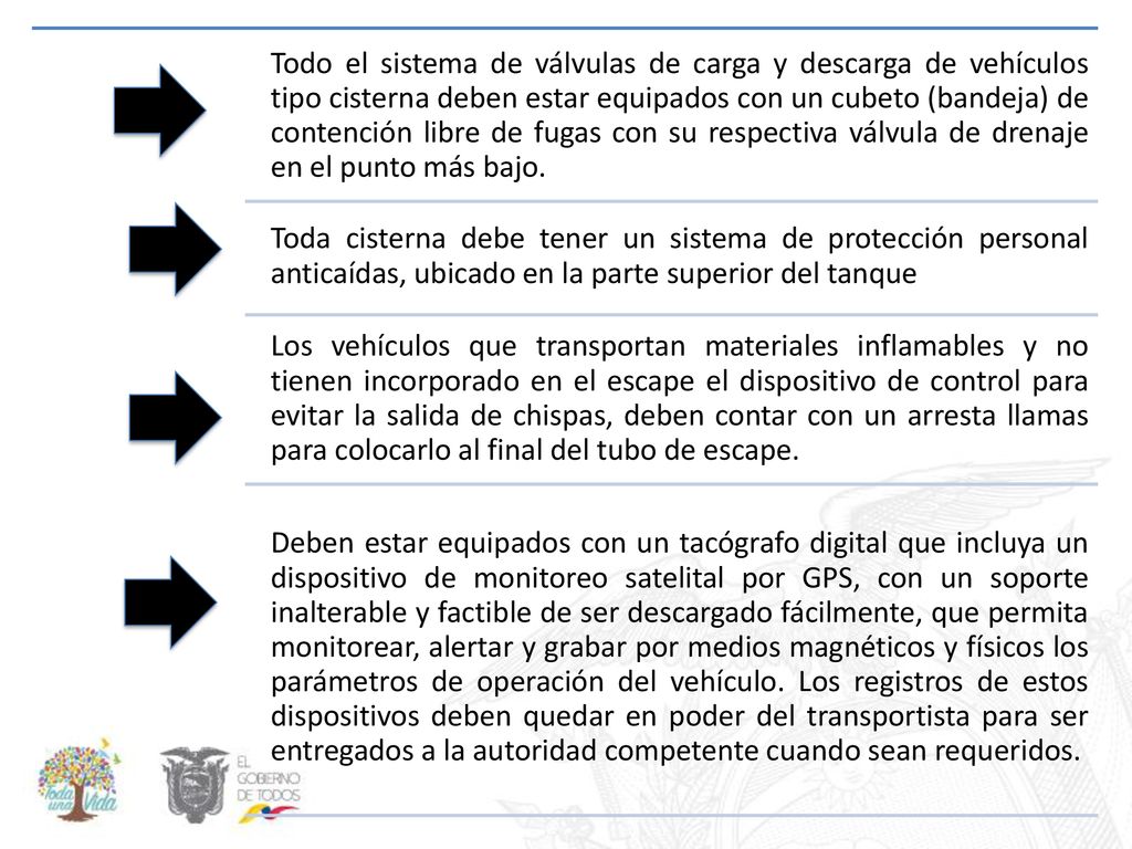 Todo el sistema de válvulas de carga y descarga de vehículos tipo cisterna deben estar equipados con un cubeto (bandeja) de contención libre de fugas con su respectiva válvula de drenaje en el punto más bajo.