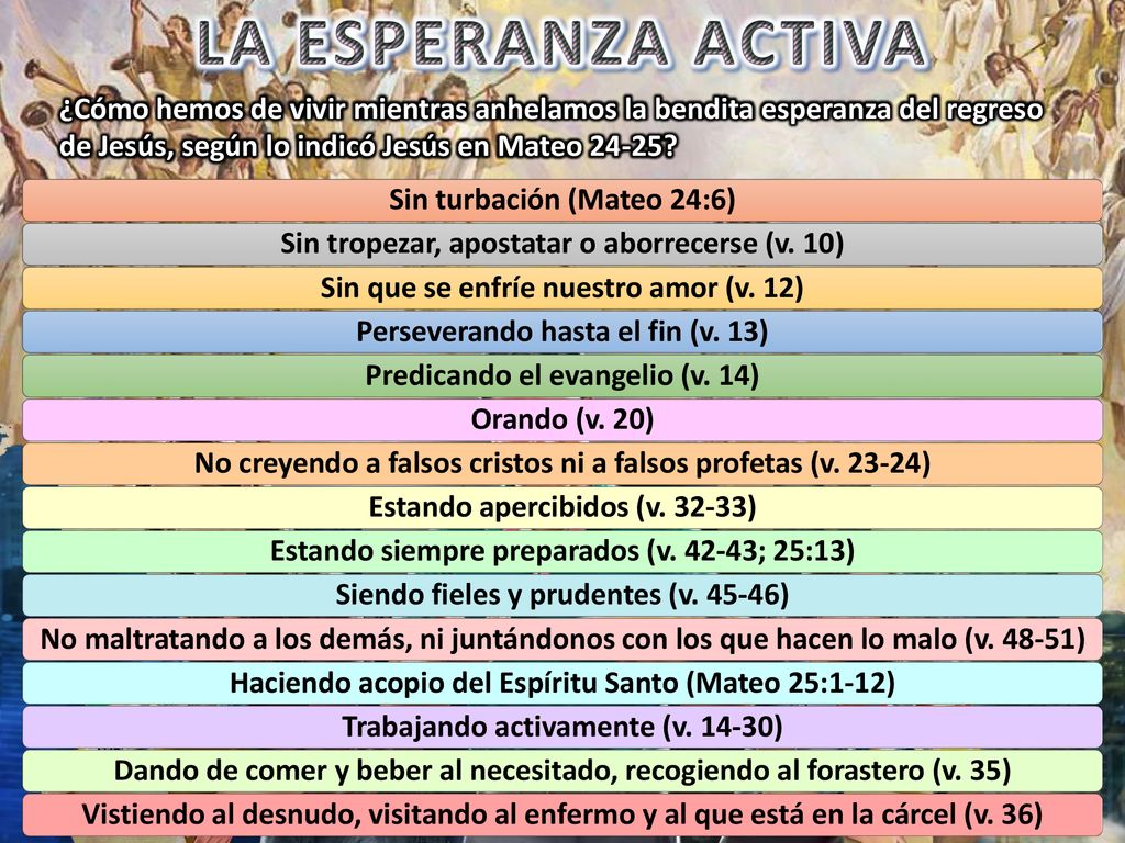 LA ESPERANZA ACTIVA ¿Cómo hemos de vivir mientras anhelamos la bendita esperanza del regreso de Jesús, según lo indicó Jesús en Mateo