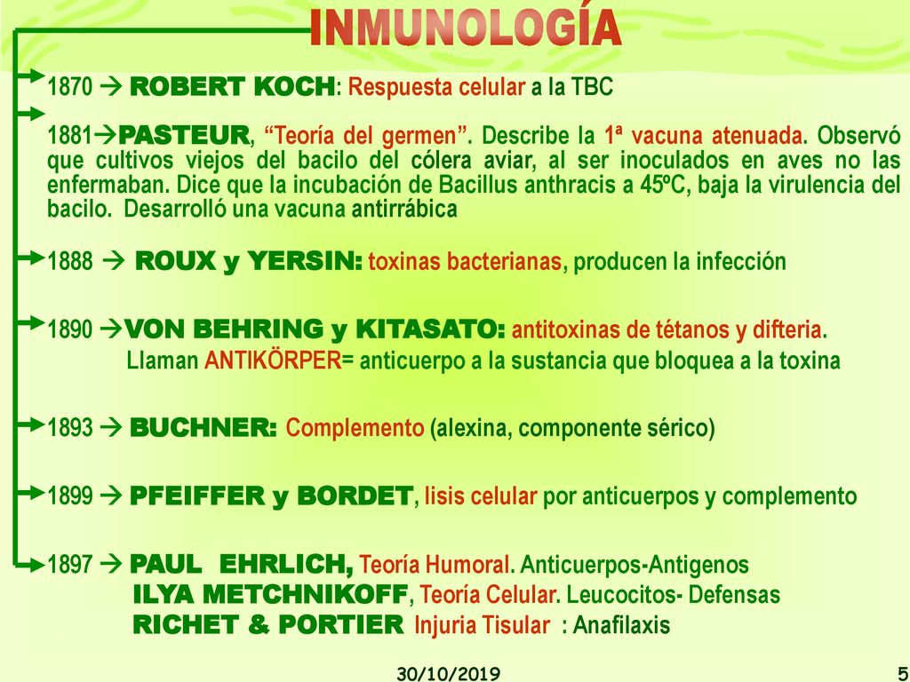 INMUNOLOGÍA 1870  ROBERT KOCH: Respuesta celular a la TBC