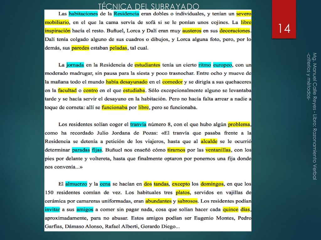 TÉCNICA DEL SUBRAYADO Mg. Manuel Calle Reyes - Libro: Razonamiento Verbal -criterios y mètodos-