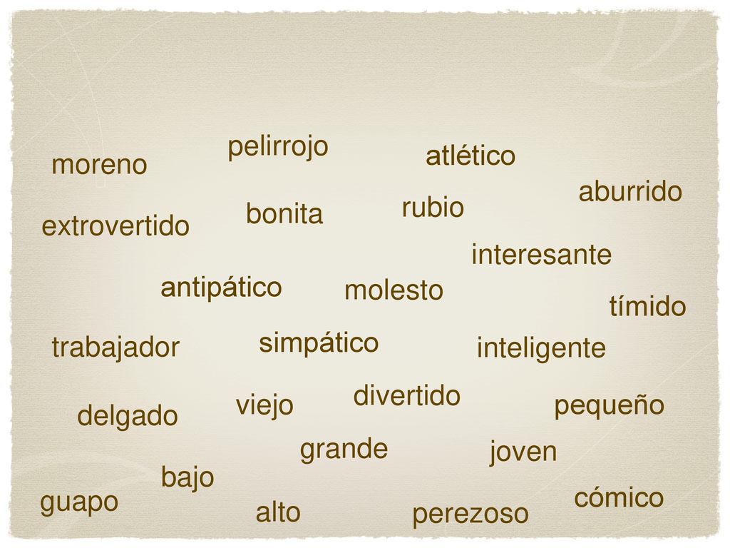 pelirrojo atlético. moreno. aburrido. rubio. bonita. extrovertido. interesante. antipático. molesto.