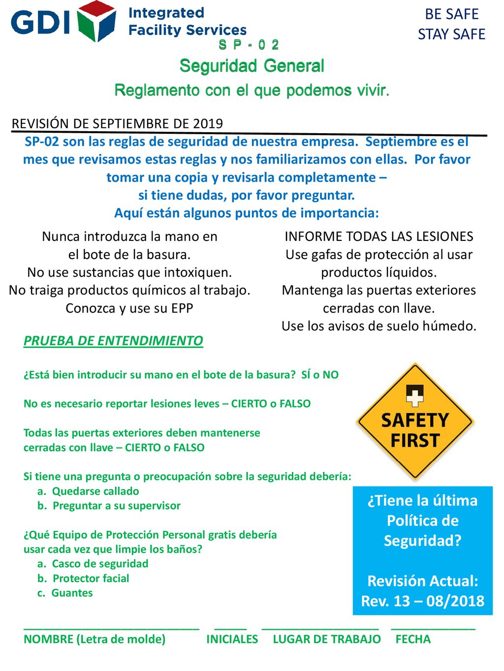 Seguridad General Reglamento con el que podemos vivir. SP-02 BE SAFE