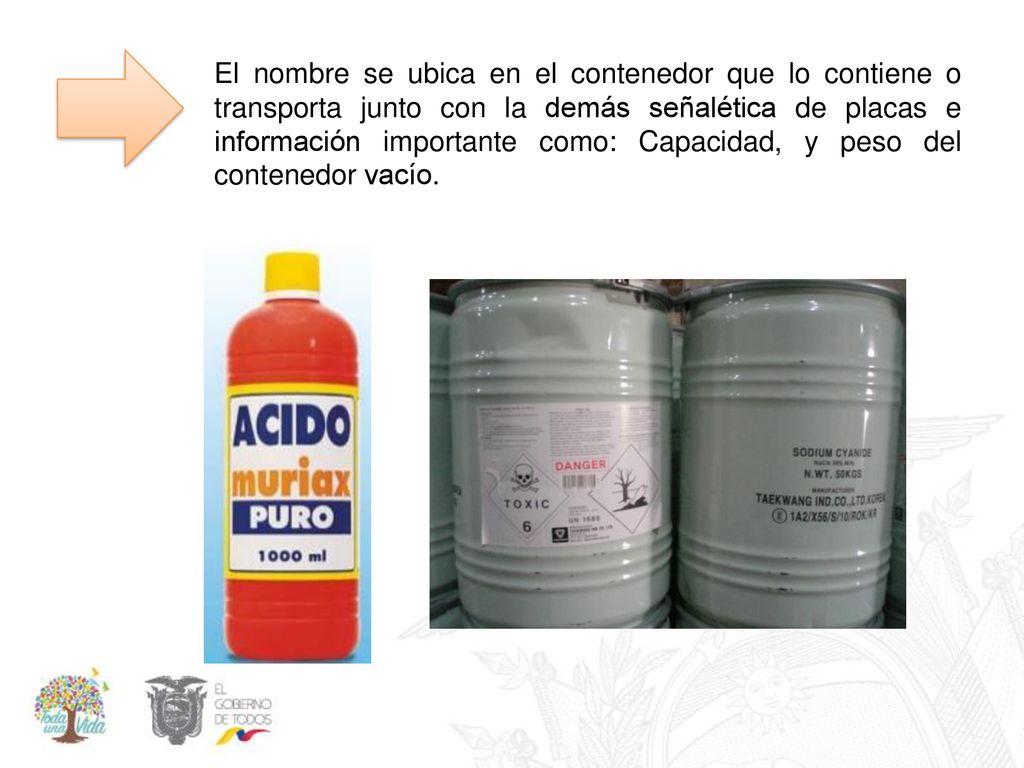 El nombre se ubica en el contenedor que lo contiene o transporta junto con la demás señalética de placas e información importante como: Capacidad, y peso del contenedor vacío.