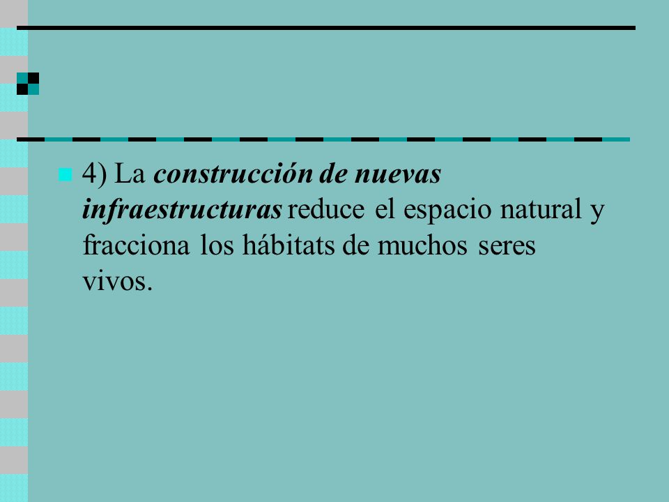 4) La construcción de nuevas infraestructuras reduce el espacio natural y fracciona los hábitats de muchos seres vivos.