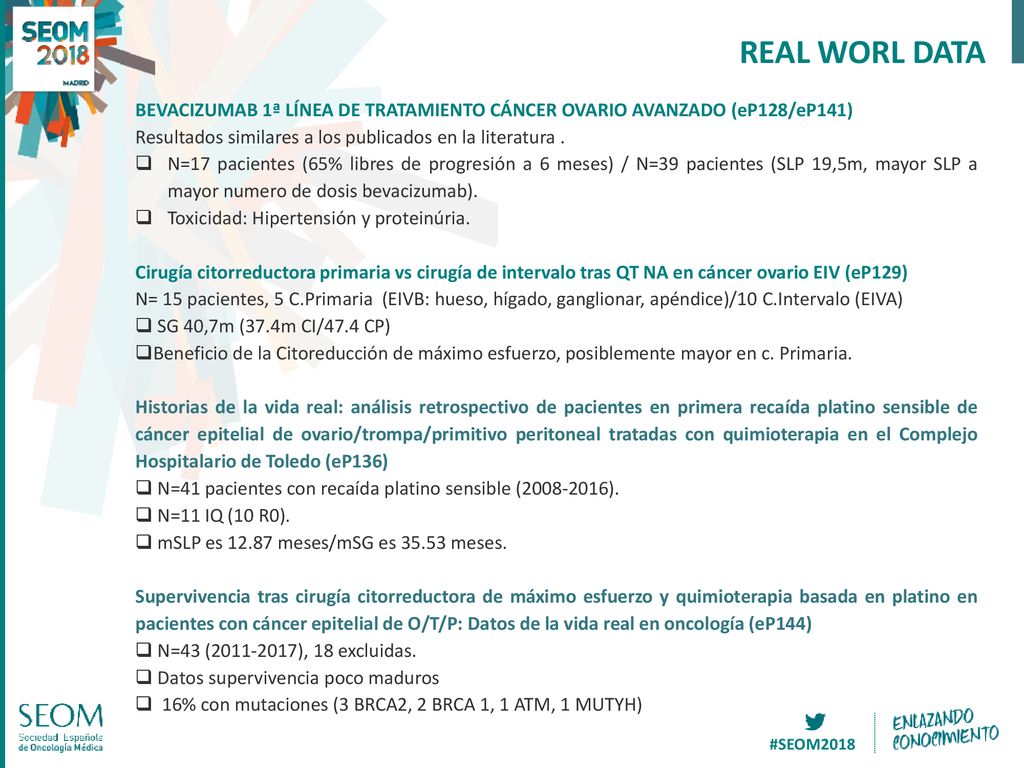 REAL WORL DATA BEVACIZUMAB 1ª LÍNEA DE TRATAMIENTO CÁNCER OVARIO AVANZADO (eP128/eP141) Resultados similares a los publicados en la literatura .