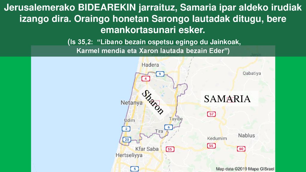 Jerusalemerako BIDEAREKIN jarraituz, Samaria ipar aldeko irudiak izango dira. Oraingo honetan Sarongo lautadak ditugu, bere emankortasunari esker.